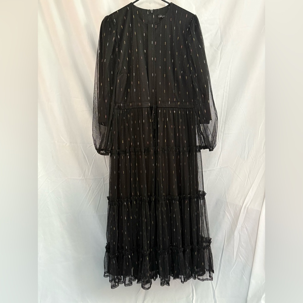 Elegant Black Ruffle Tier Dress Metallic Embroidered Mesh Overlay